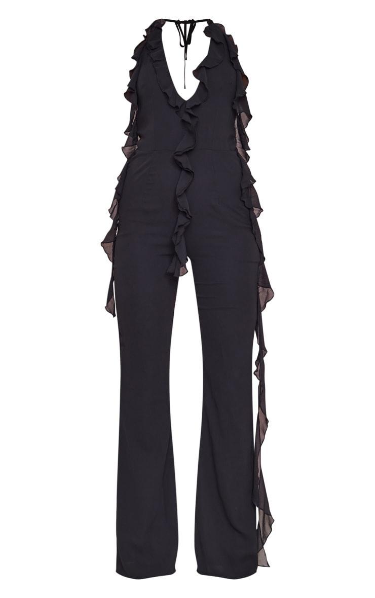 Black Chiffon Plunge Extreme Frill Detail Jumpsuit Product Image