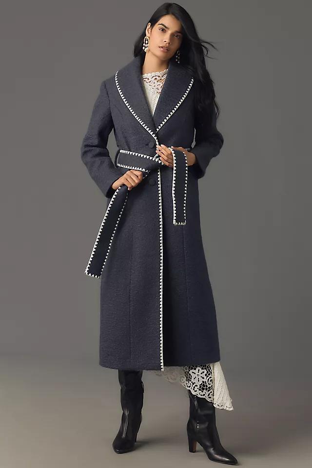 Avec Les Filles Blanket-Stitch Belted Shawl-Collar Coat  Product Image