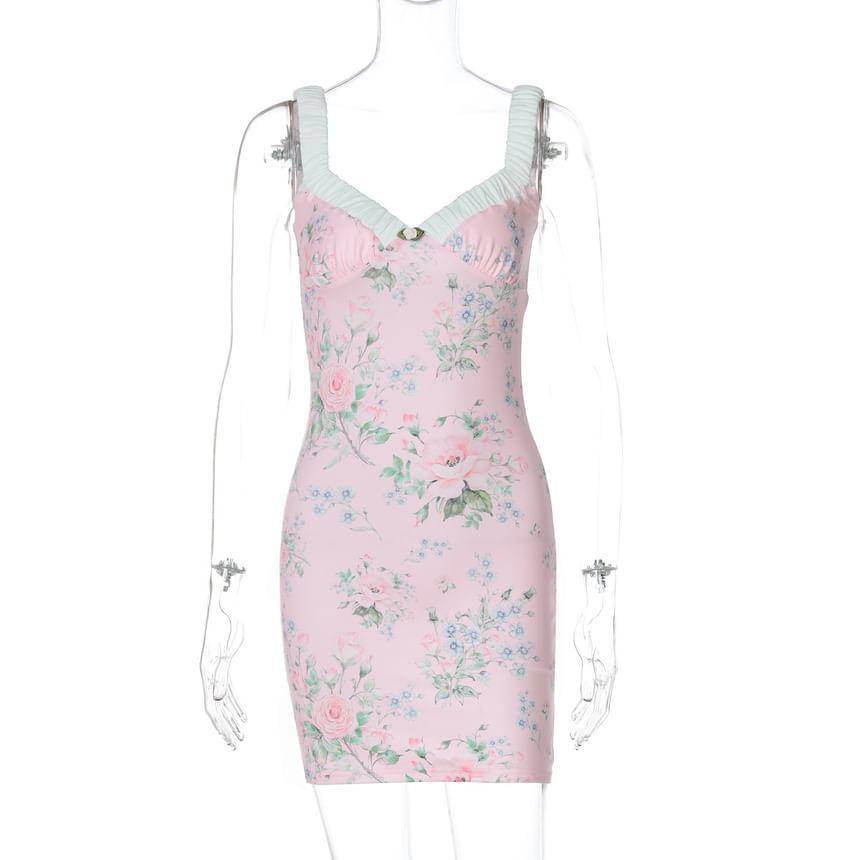 Sleeveless V-Neck Floral Print Mini Bodycon Dress Product Image