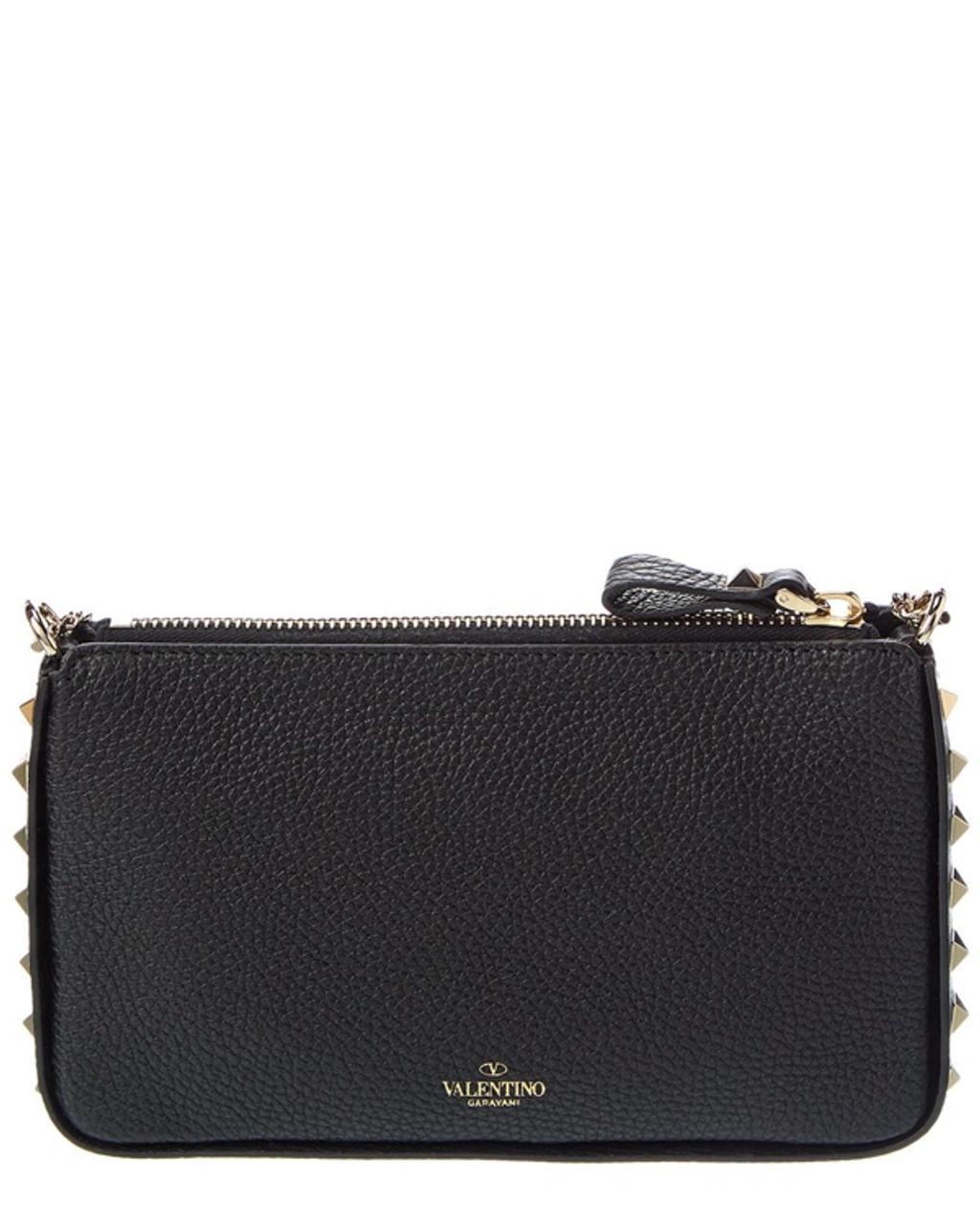 VALENTINO GARAVANI Rockstud Grainy Leather Wallet On Chain In Black Product Image