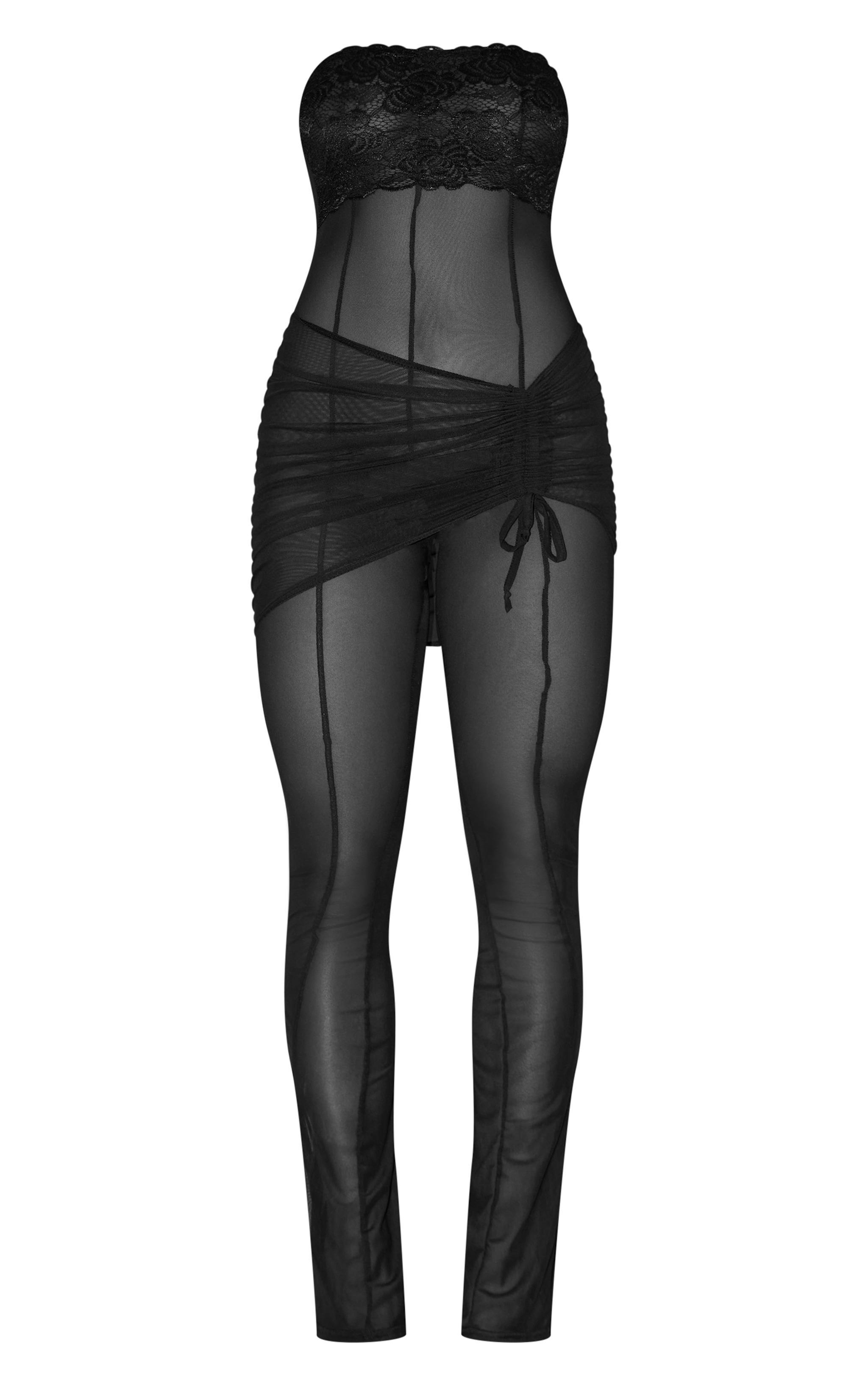 Black Sheer Mesh Wrap Lace Detail Jumpsuit Product Image