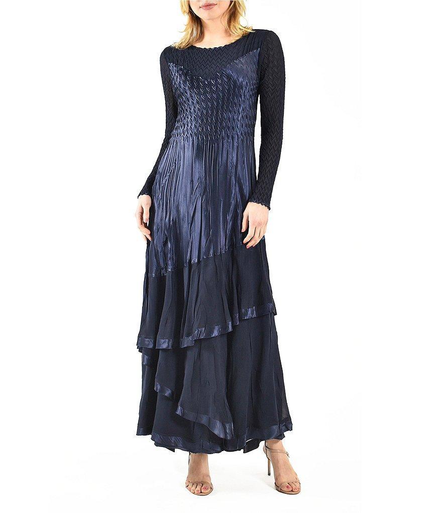 Komarov Charmeuse Chiffon Beaded Round Neck Long Sleeves Accordion Pleated Tiered Hem A-Line Dress Product Image