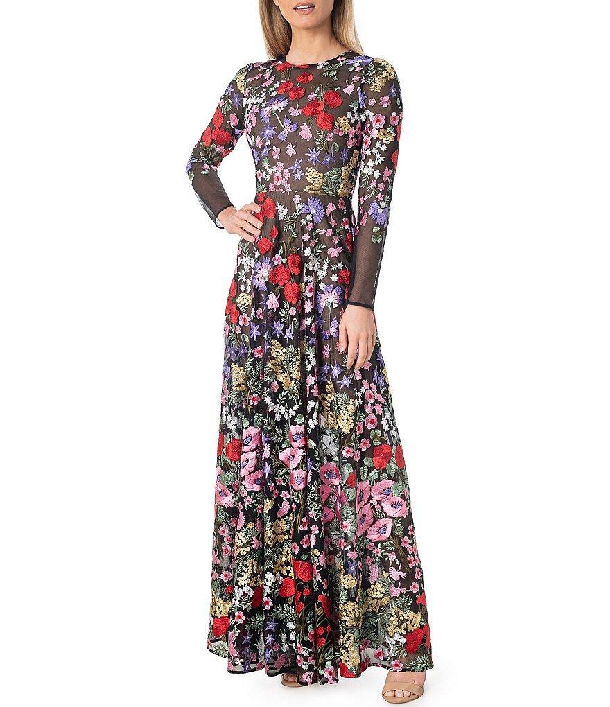 Dress the Population Ava Floral Embroidered Long Sleeve Crew Neck Gown Product Image