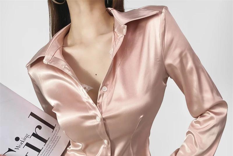 Long Sleeve Collared Panel Lace Satin Shirt Product Image