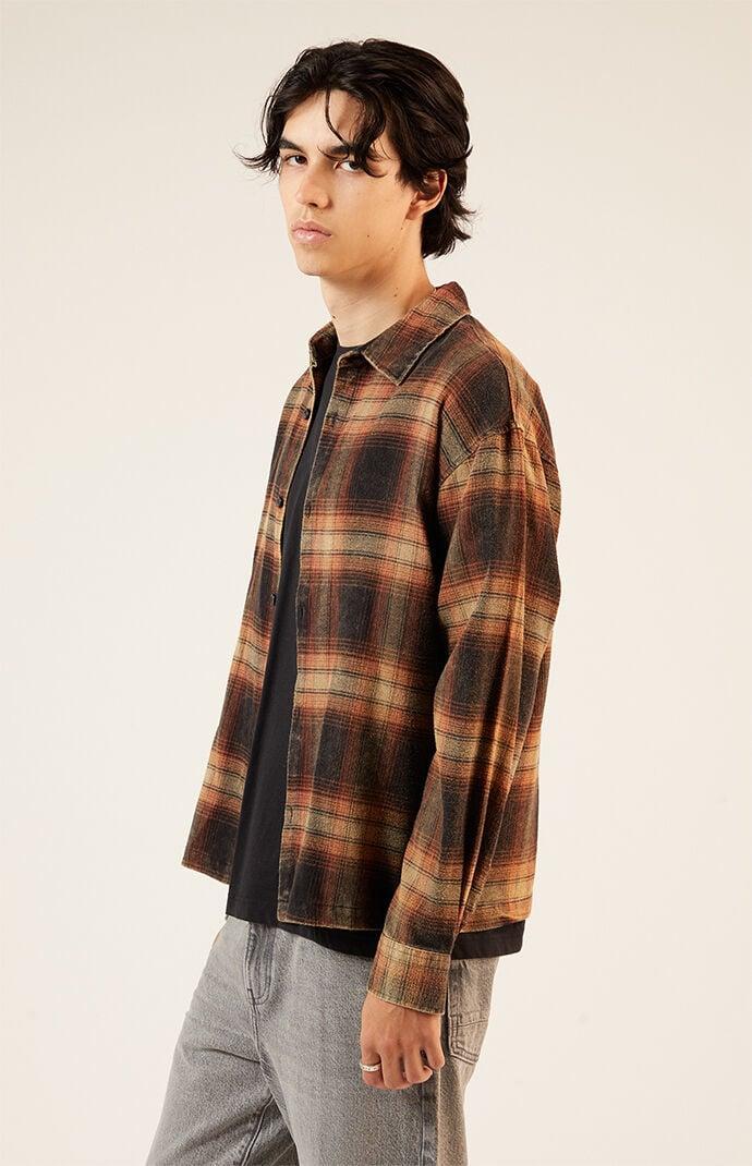 Men's Black & Brown Washed Cropped Flannel Shirt in Black/Brown - Product Image