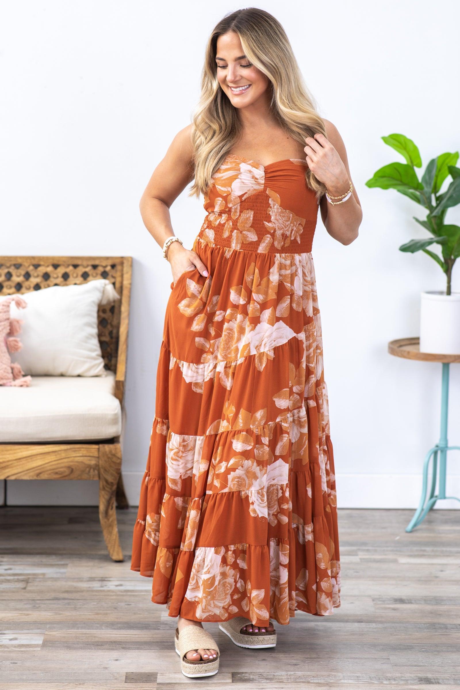 Burnt Orange Floral Spiral Tiered Maxi Dress Product Image