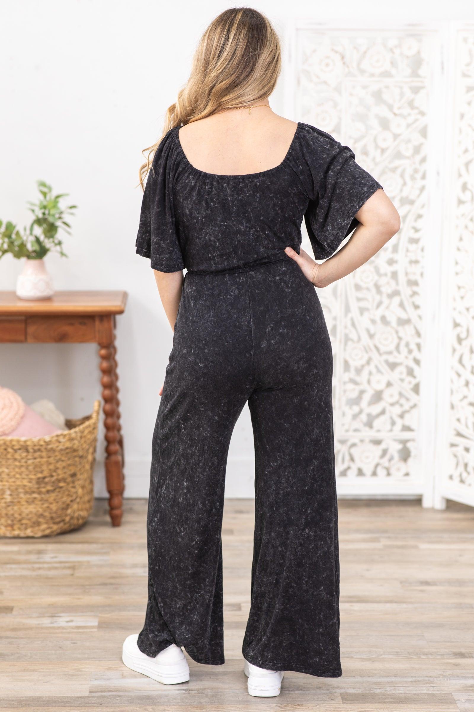 Black Washed Short Sleeve Jumpsuit Product Image