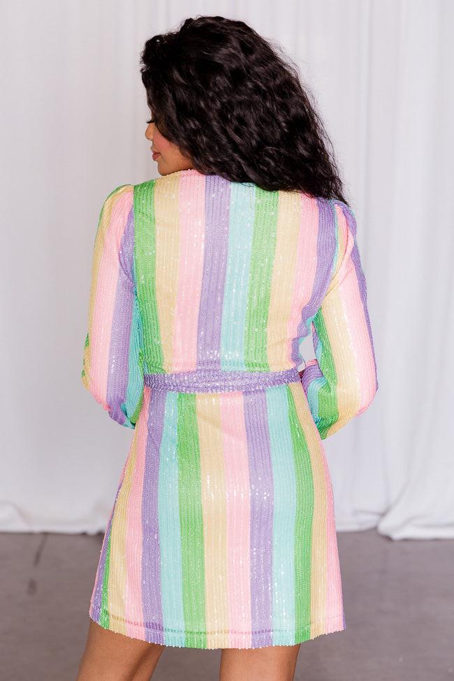 You're My Lover Pastel Multi Stripe Belted Sequin Mini Dress FINAL SALE Product Image