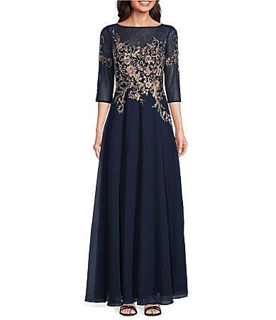 Betsy  Adam Embroidered Bodice Boat Neck 34 Sleeve Chiffon Gown Product Image