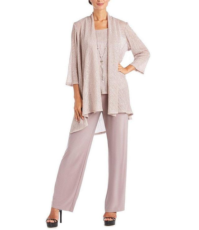 R & M Richards Petite Size Pleated Metallic Scoop Neck 3/4 Sleeve 2-Piece Pant Set Product Image