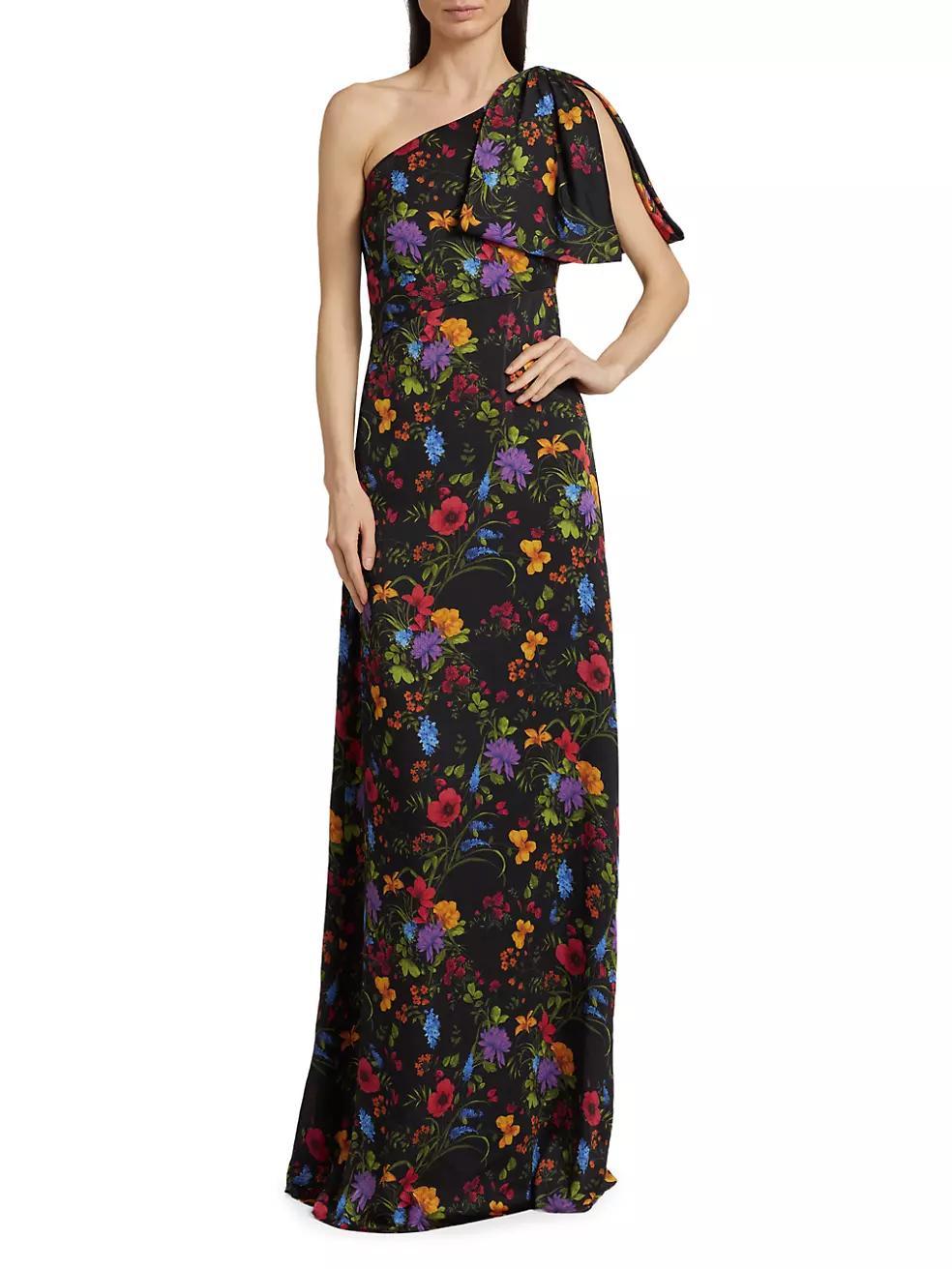 Chelsea Floral Crinkle Georgette One-Shoulder A-Line Gown Product Image