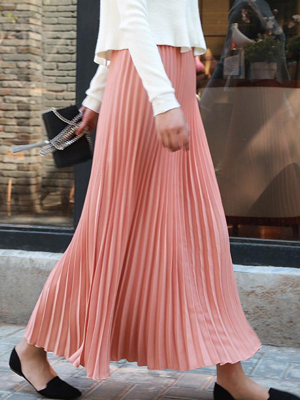 Stylish Pleated Solid Color Elastic Waist Skirts Product Image