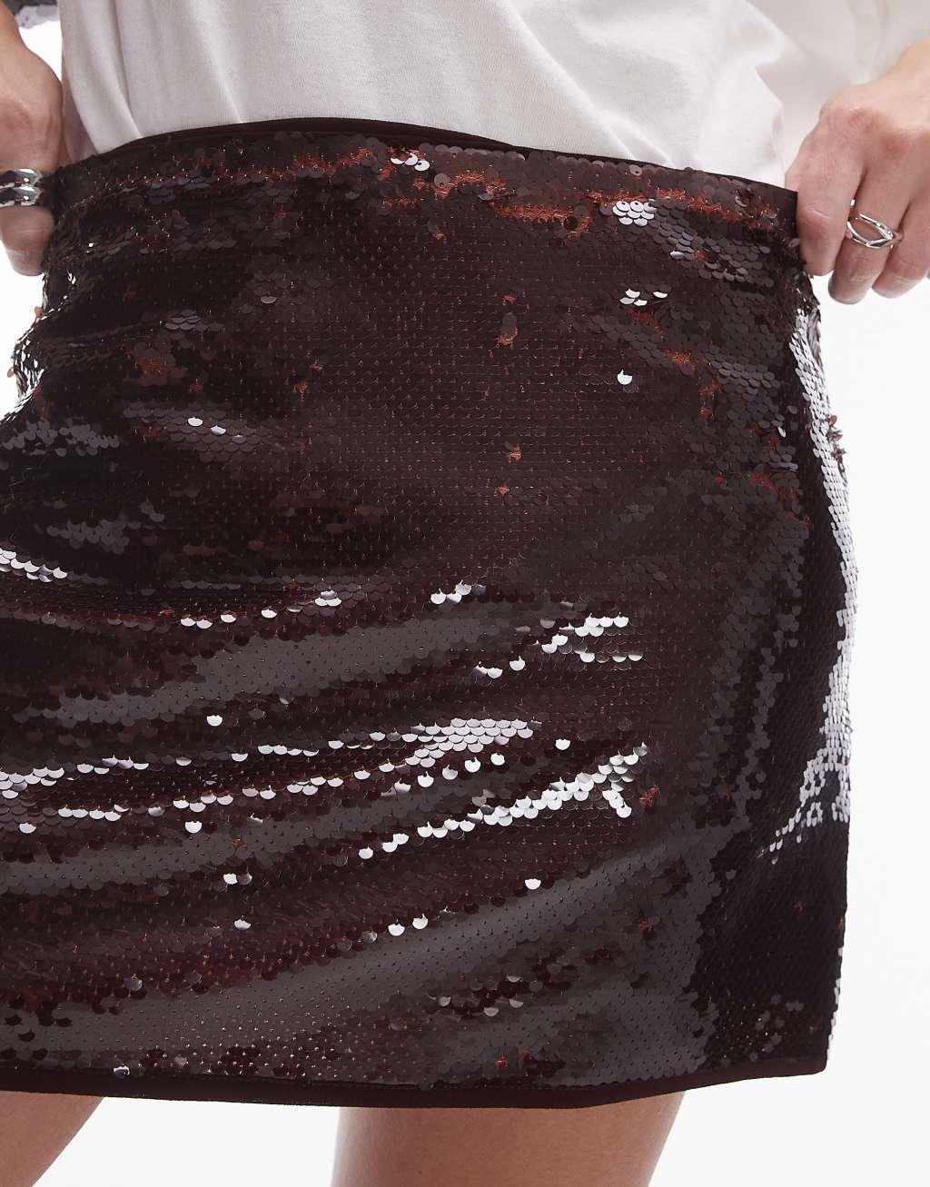 Topshop sequin micro mini skirt in burgundy Product Image