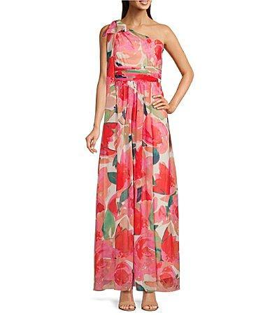 Eliza J Floral One Shoulder Bow Tie Sleeveless Gown Product Image