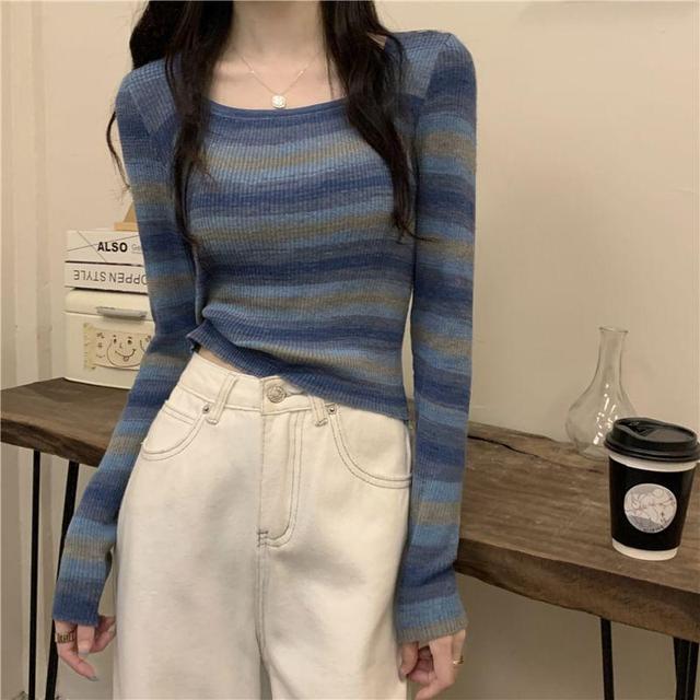 Long-Sleeve Square Neck Striped Slim Fit Crop Knit Top Product Image