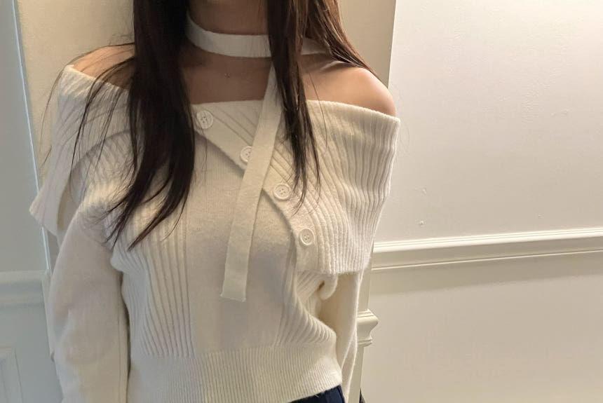 Off Shoulder Plain Button Sweater Product Image