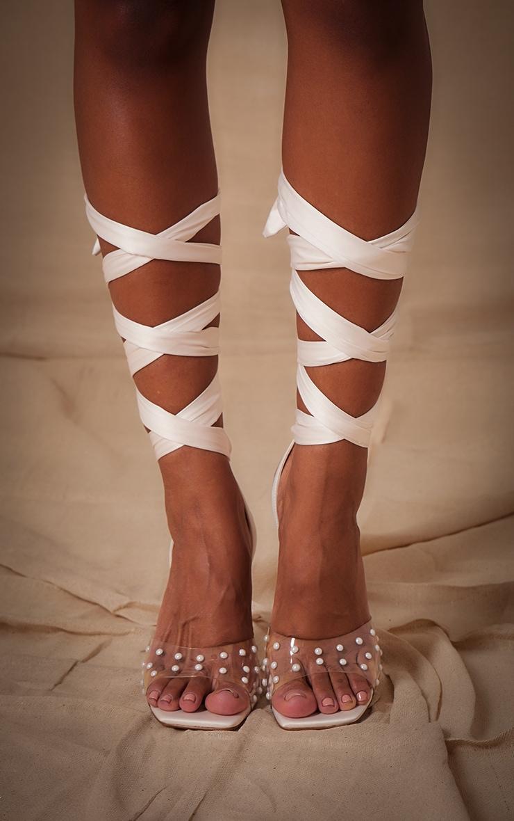 Cream Wide Fit Square Toe Perspex Pearl Lace Up Ribbon High Heeled Sandals Product Image