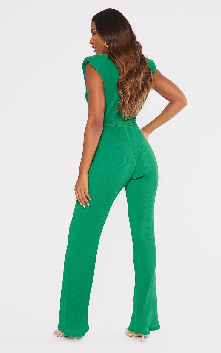 Bright Green  Pleated Shoulder Pad Flared Leg Jumpsuit Product Image