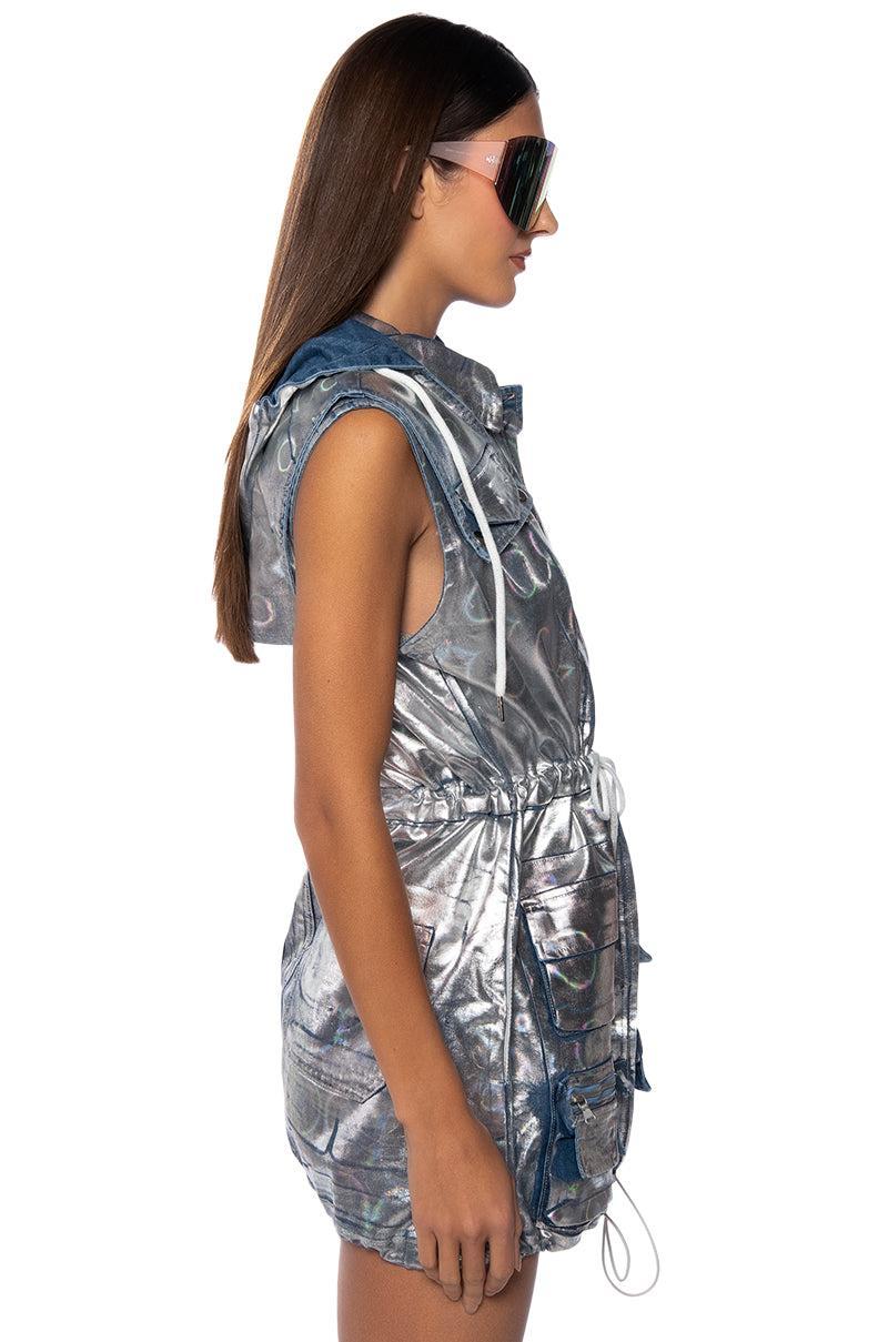 QUASAR FOIL EFFECT DENIM HOODIE MINI DRESS Product Image