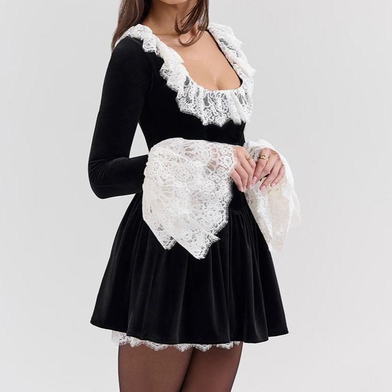 Long-Sleeve Square Neck Lace Panel Mini Dress Product Image