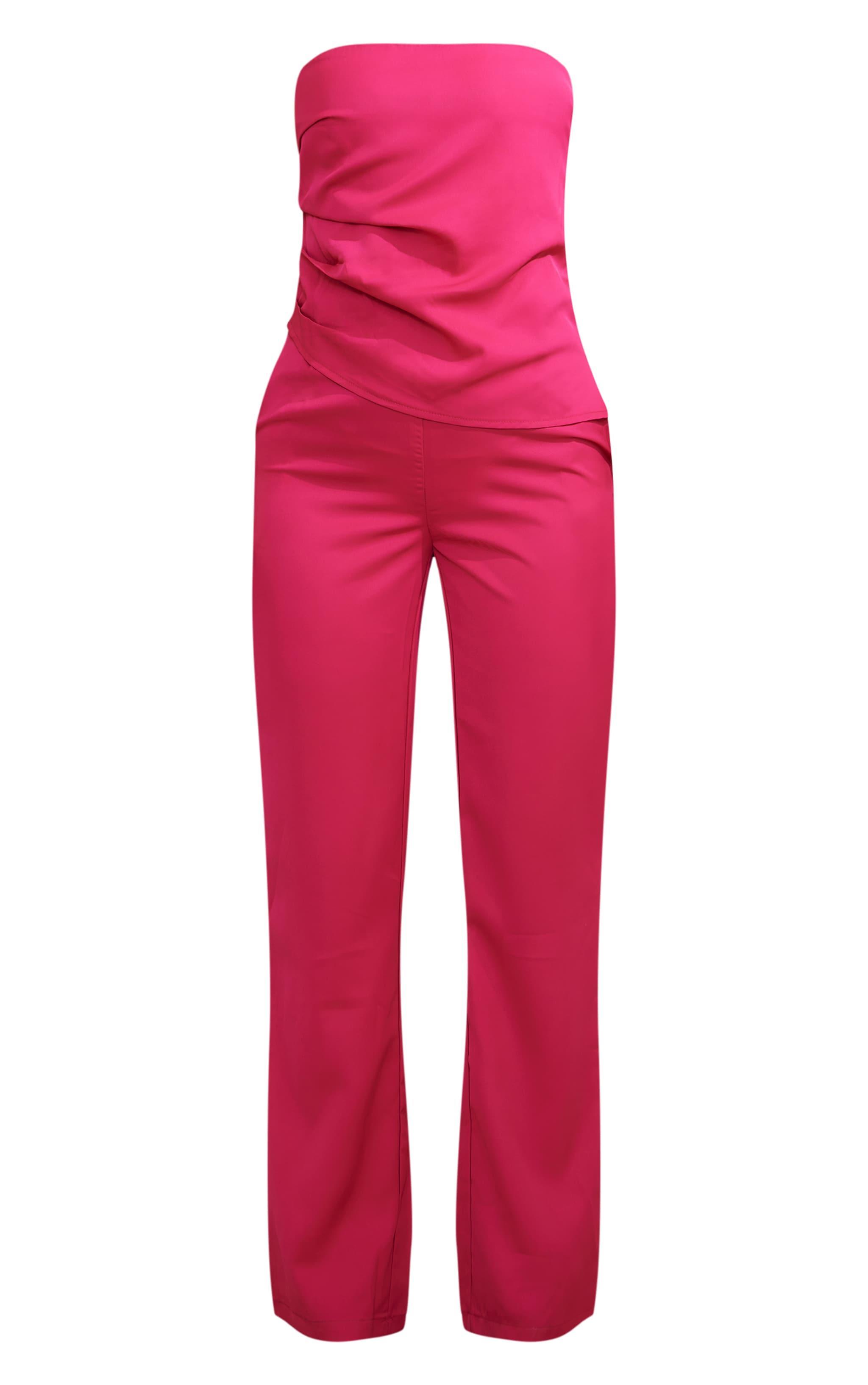 Hot Pink Woven Bandeau Ruched Asymmetric Hem Wide Leg Jumpuit Product Image