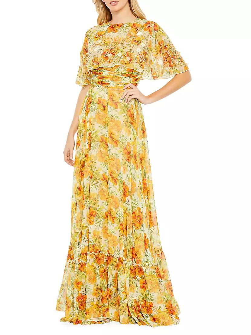 Embellished Floral Cape-Sleeve Gown Product Image