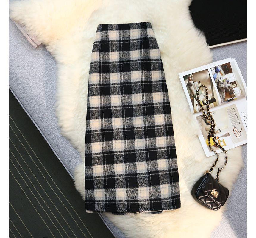 Elastic Waist Plaid Slit Midi A-Line Skirt product image