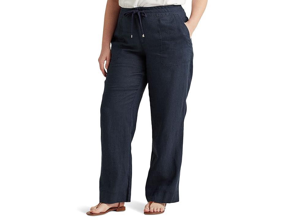 LAUREN Ralph Lauren Plus Size Linen Wide-Leg Pants (Lauren Navy) Women's Casual Pants Product Image