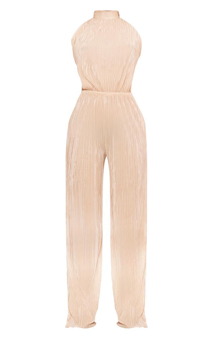 Champagne Plisse High Neck Scoop Back Wide Leg Jumpsuit Product Image