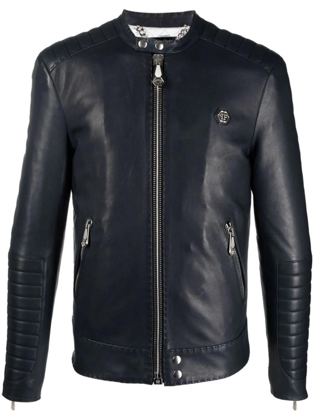 Embroidered Leather Jacket In Blau Product Image