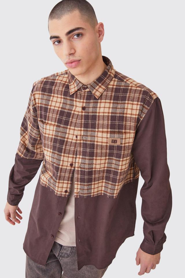 Oversized Twill Spliced Check Overshirt | boohooMAN USA Product Image