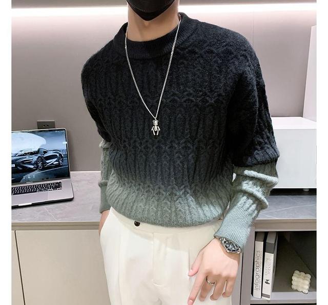 Crew Neck Gradient Cable-Knit Sweater Product Image