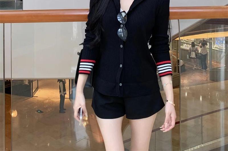 Stand Collar Striped Trim Button-Up Cardigan Product Image