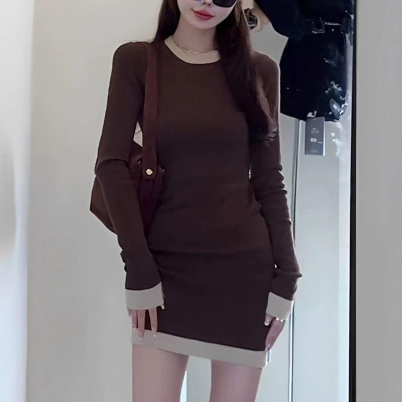 Long-Sleeve Crewneck Two Tone Knit Mini Bodycon Dress Product Image