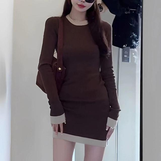 Long-Sleeve Crewneck Two Tone Knit Mini Bodycon Dress Product Image