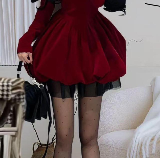 Long Sleeve Cold Shoulder Bow Mesh Panel Velvet Mini A-Line Dress Product Image