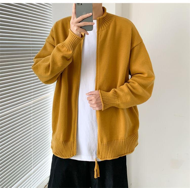 Stand Collar Plain Zip Cardigan Product Image