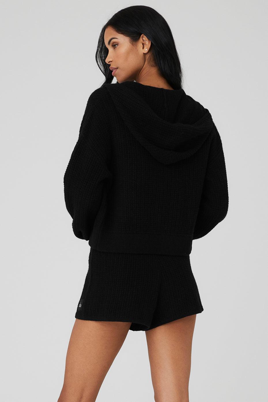 Cashmere Plush Waffle Full Zip Hoodie - Black Female Product Image