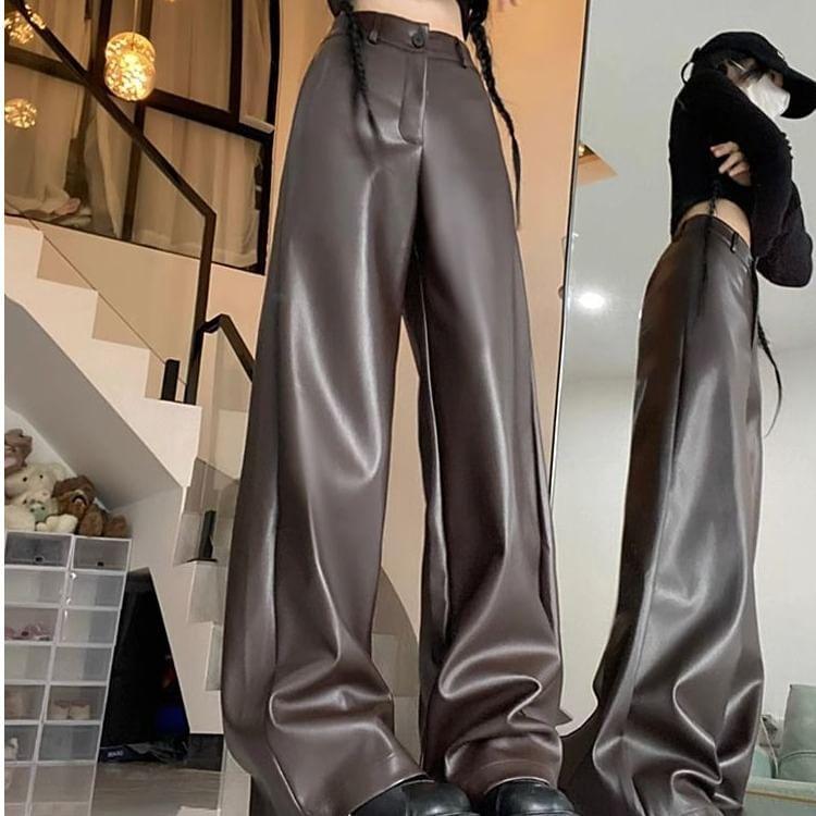 High Rise Plain Faux Leather Wide Leg Pants Product Image