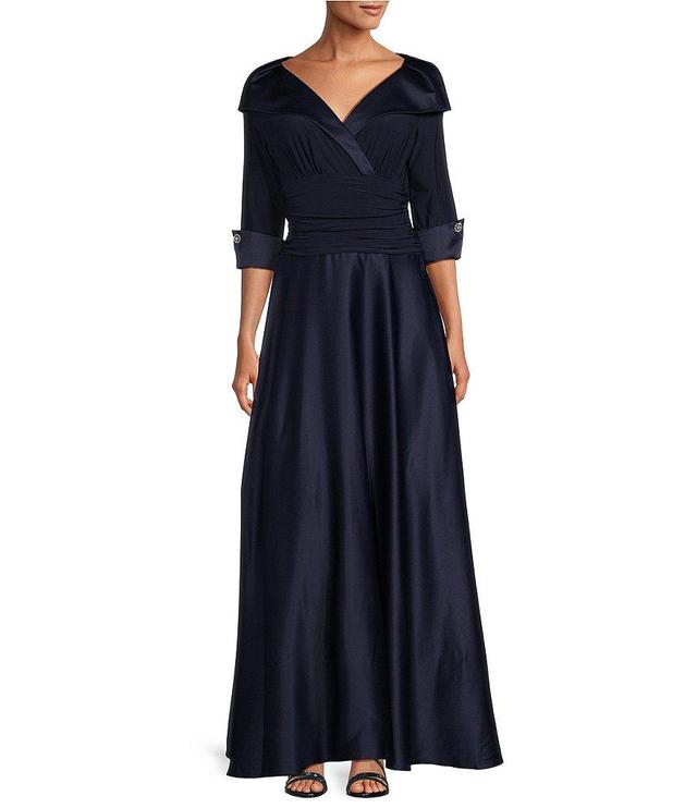 Jessica Howard Portrait Collar V-Neck 3/4 Sleeve Rhinestone Cuff Ruched Waist Satin Gown Product Image