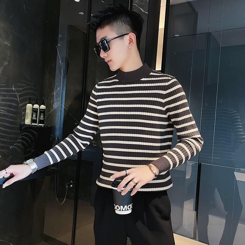 Mock Neck Striped Ribbed Sweater Product Image