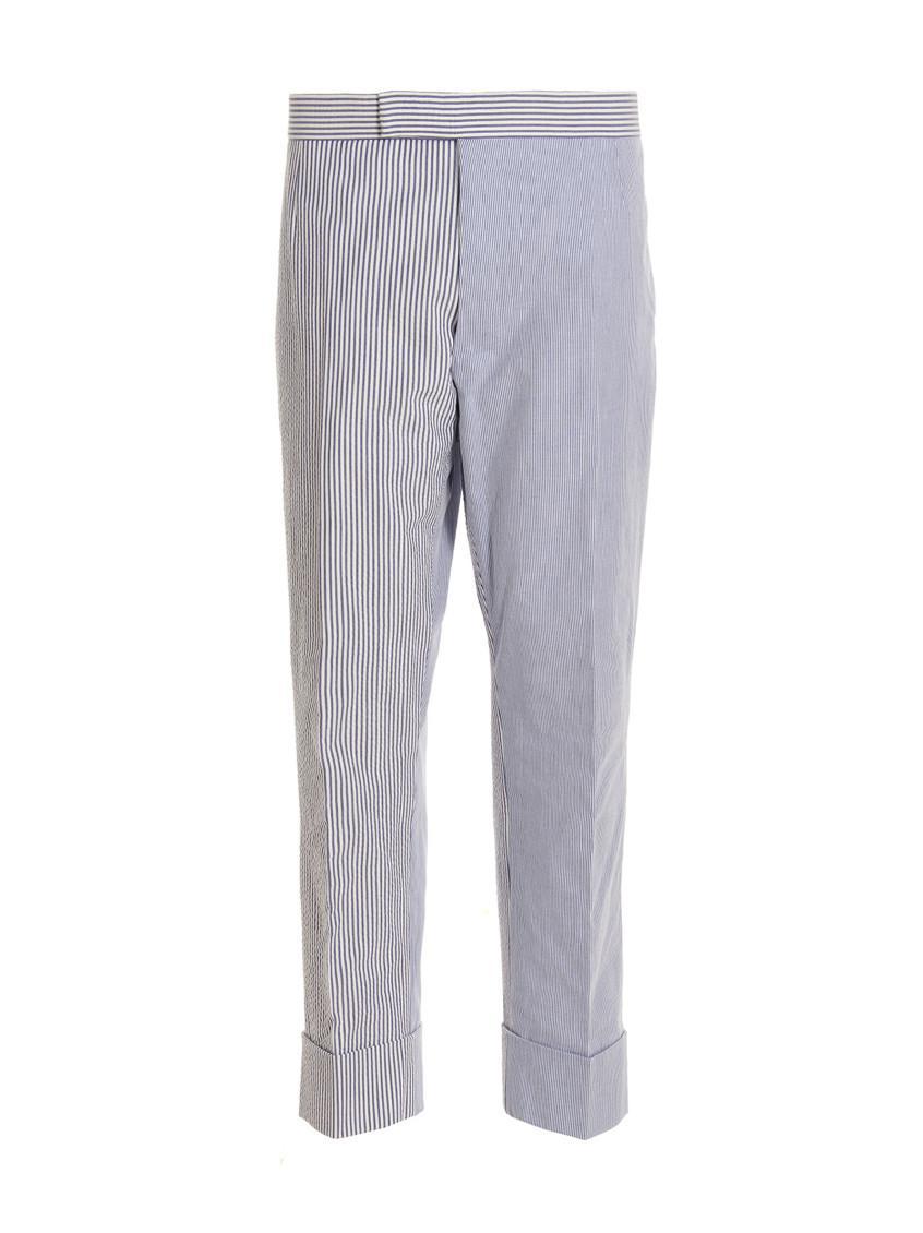 Striped Cropped Trousers With Cuffed Hem In Light Blue Product Image