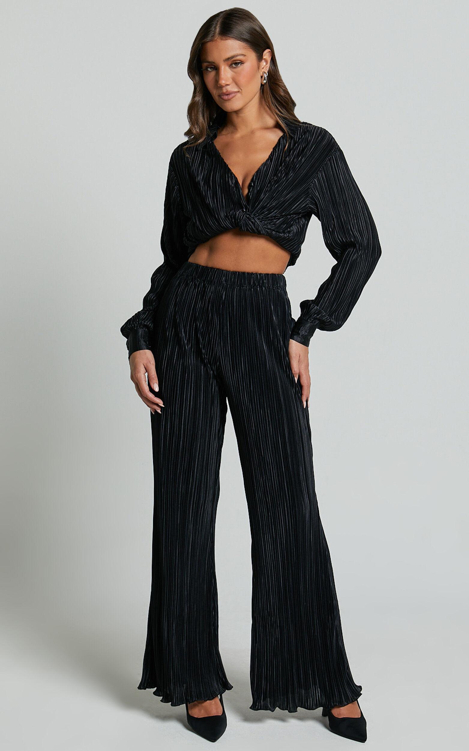 Beca Pants - High Waisted Plisse Flared Pants in Black Product Image