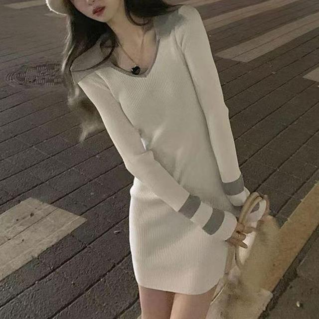 Long-Sleeve Collar Striped Knit Mini Sheath Dress Product Image