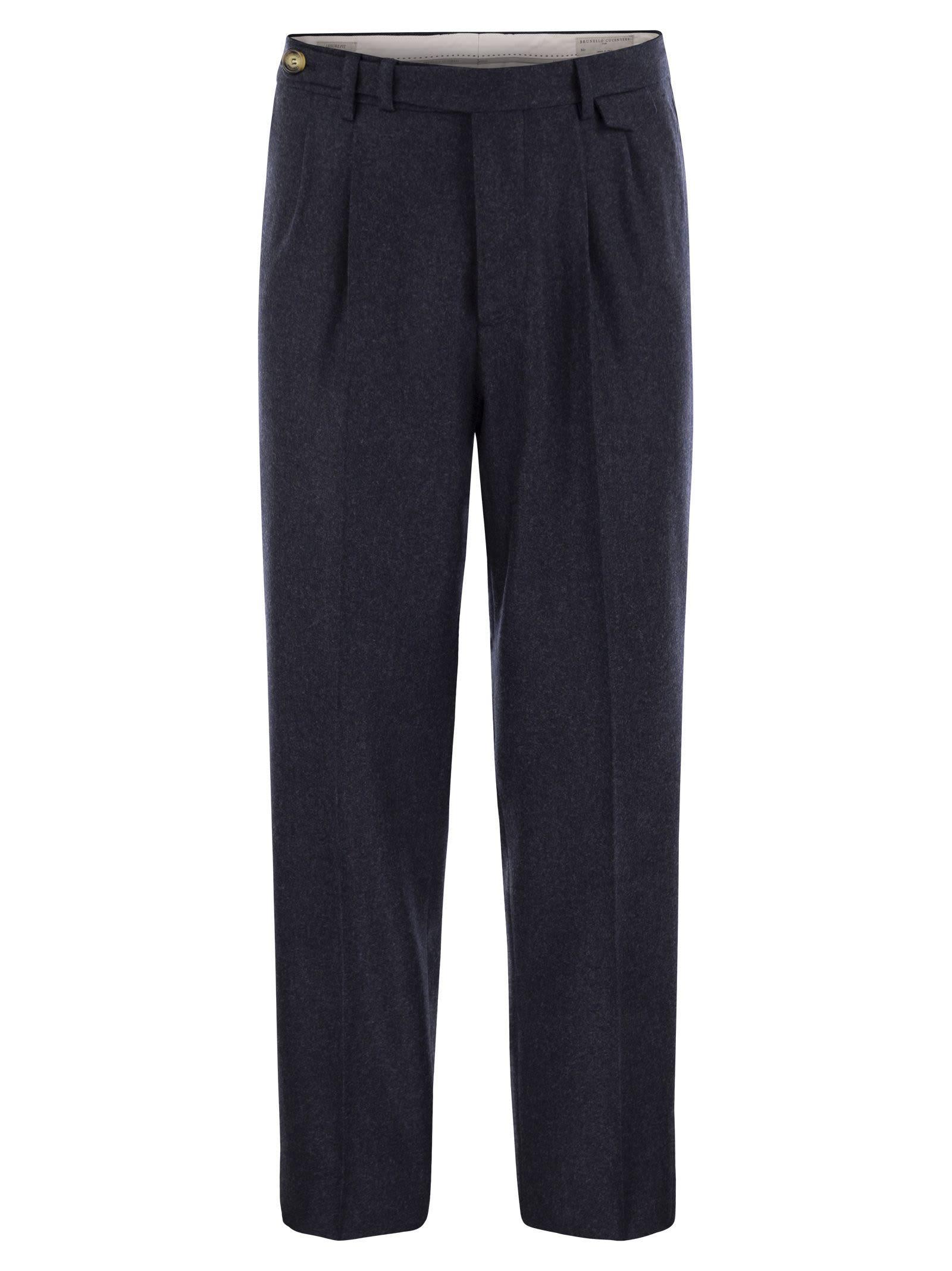 BRUNELLO CUCINELLI Leisure Fit Trousers In Virgin Wool Flannel With Double Darts In Night Blue Product Image