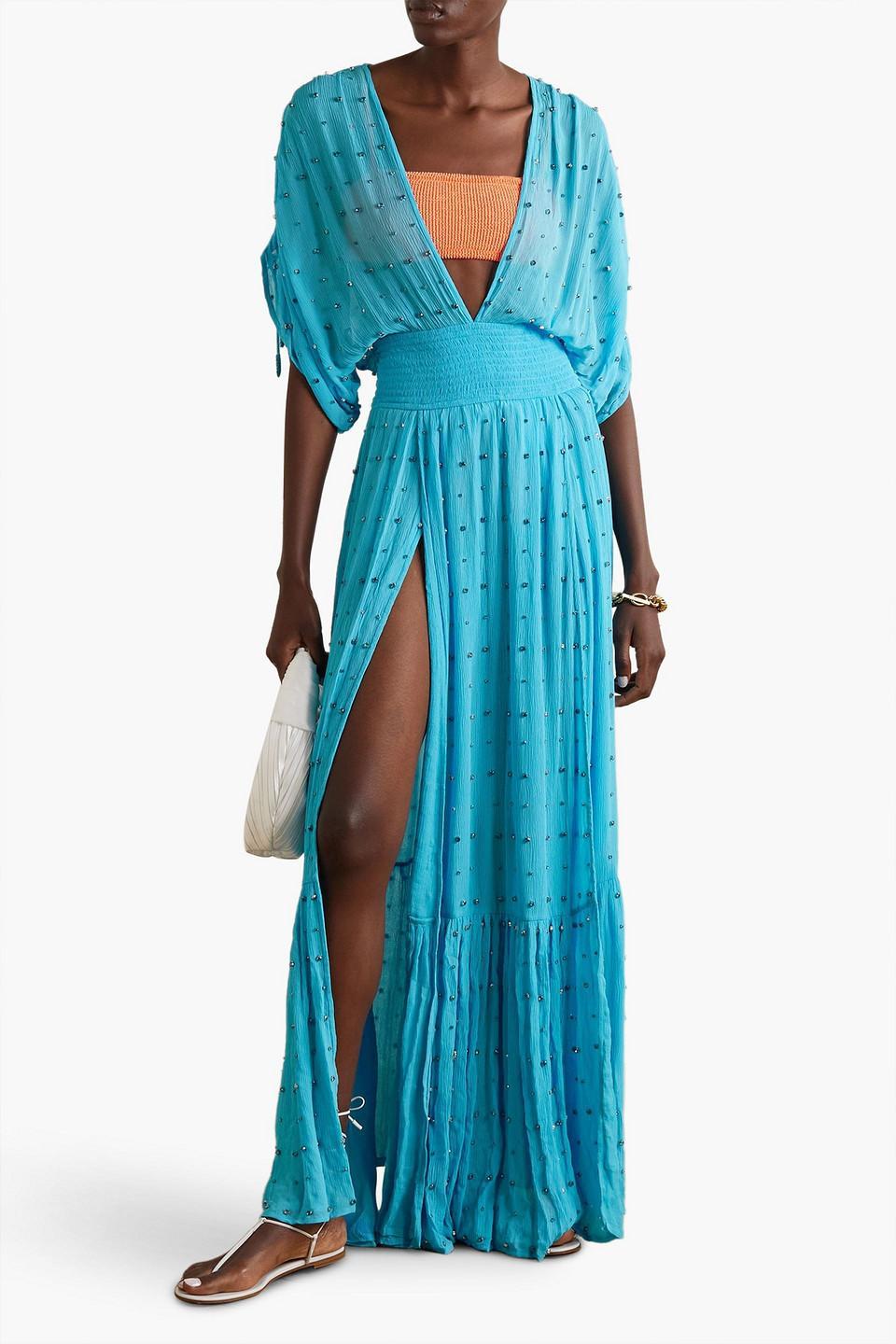 Tiered Crystal-embellished Silk-georgette Gown In Turquoise Product Image