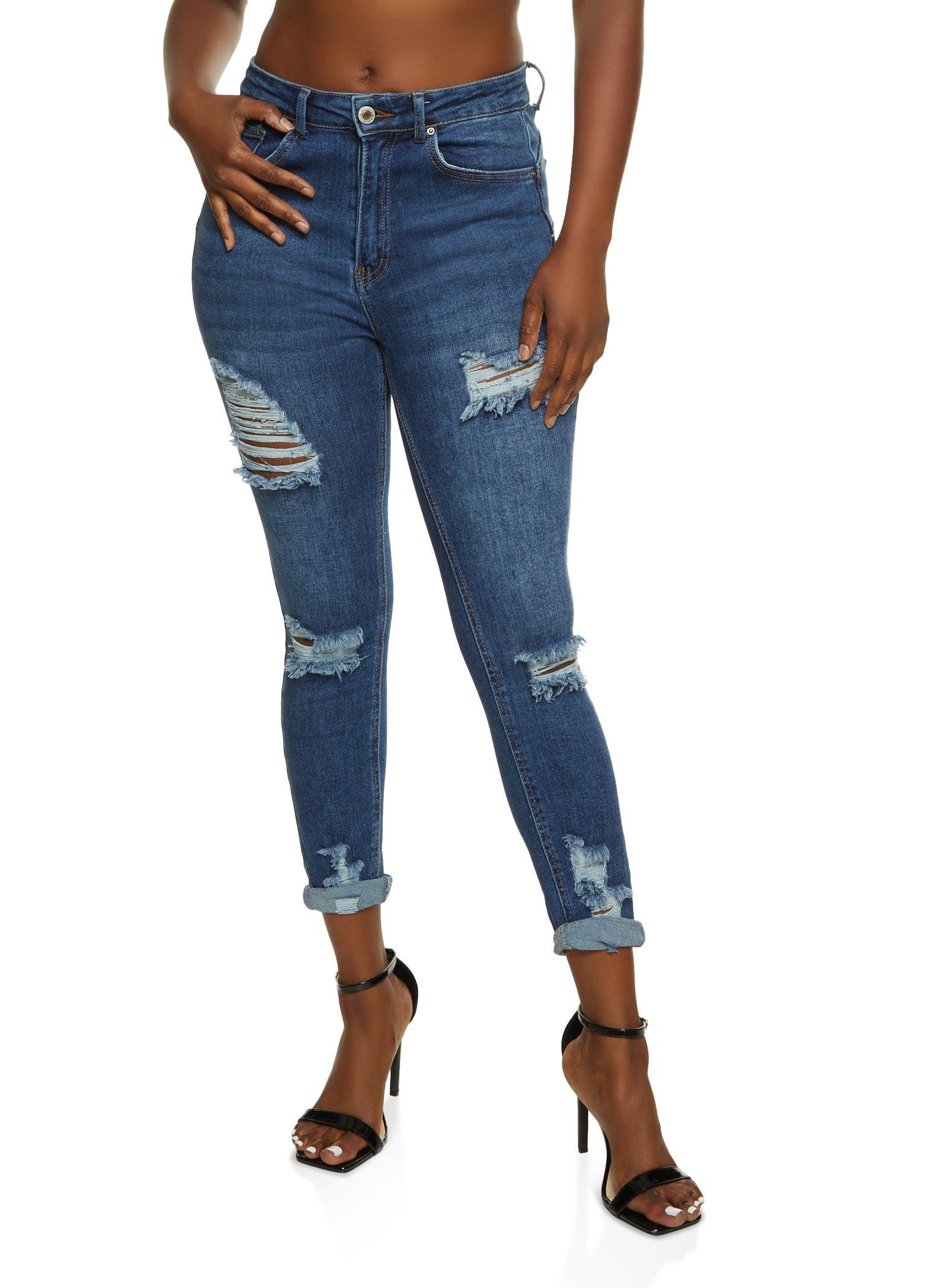 Womens WAX Ripped Rolled Cuff Skinny Jeans product image