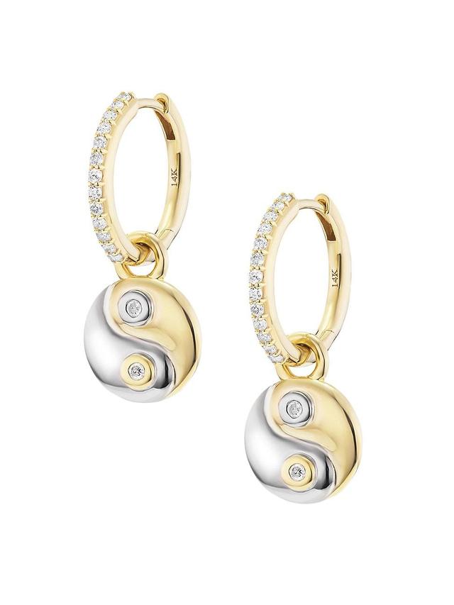 Womens Yin Yang 14K Yellow Gold, Sterling Silver & 0.29 TCW Diamond Charm Earrings Product Image