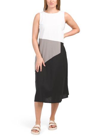 Linen Blend Color Block Midi Dress for Women Product Image