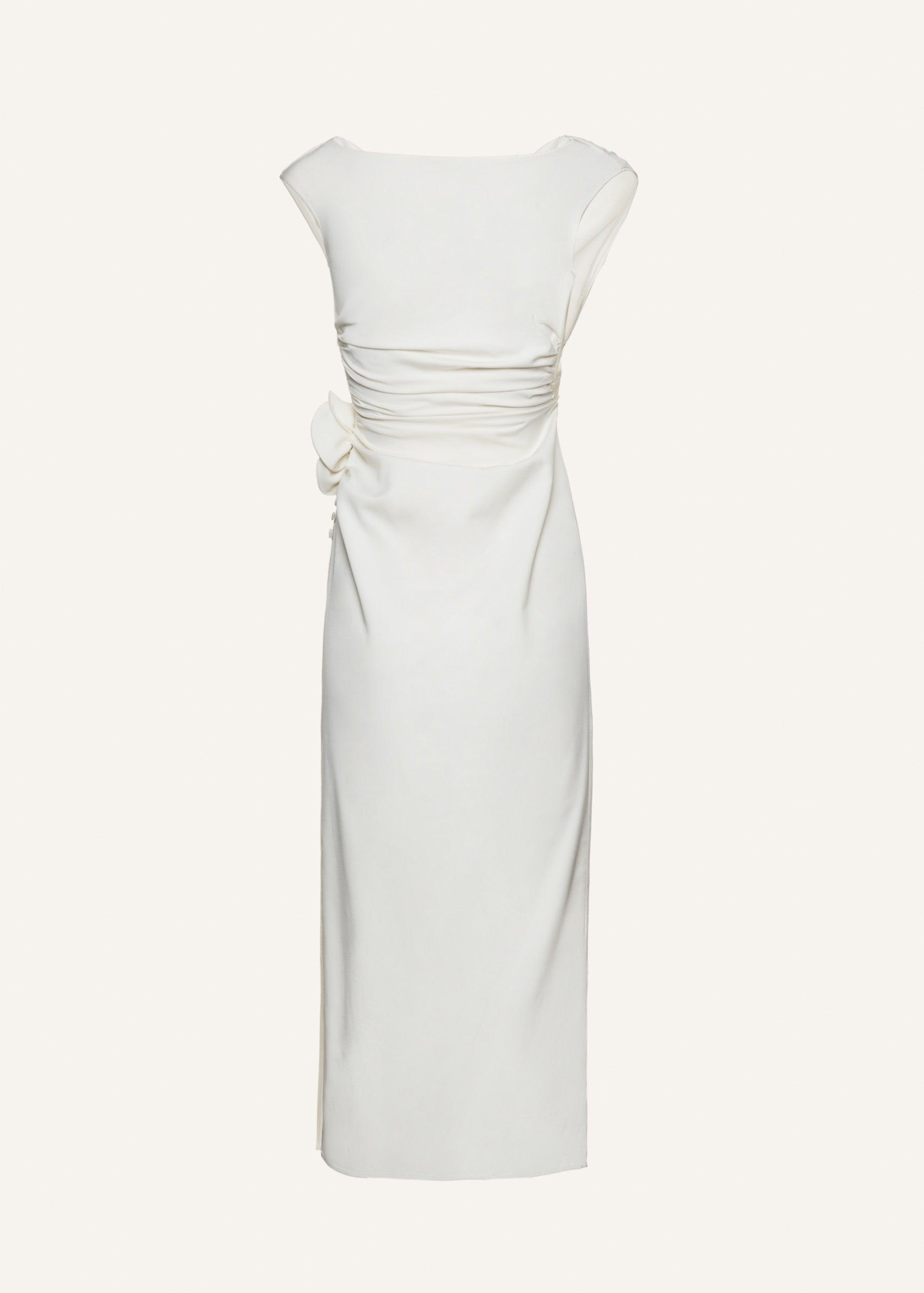 Wrap shoulder silk midi dress in cream Product Image